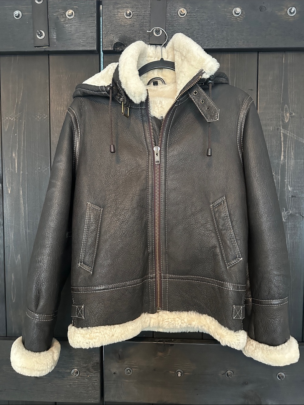 NWOT Overland Jane Sheepskin B-3 Hooded Bomber Jacket Brown Small